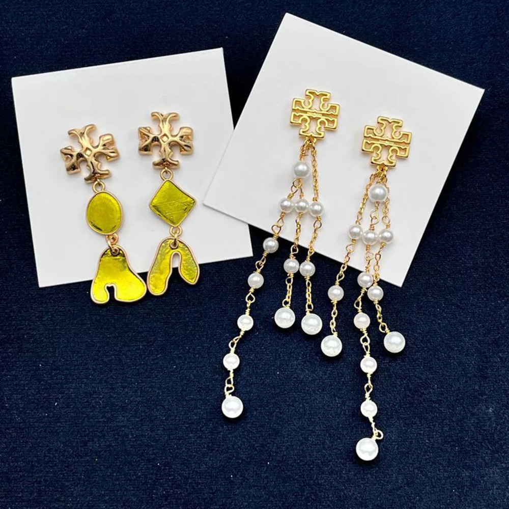 Tory Burch Bafengshuang Enamel Asymmetrical Pearl Tassel Hollow Letter Earrings